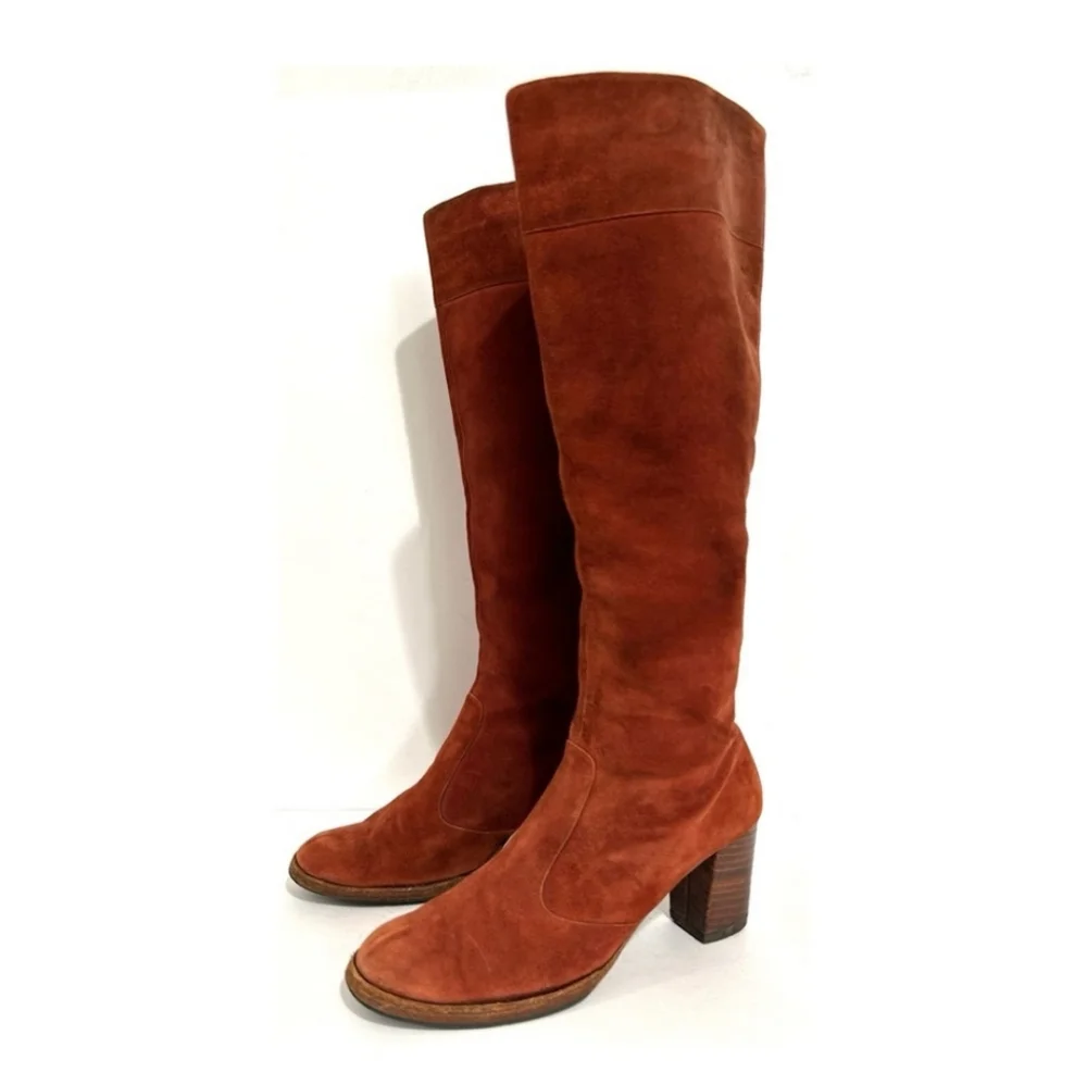 Beautiful 1970s Knee Boots, Genuine Suede Burnt Orange Stacked Heel Size 6 - Picture 16 of 16